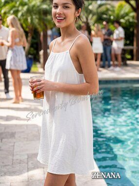 Zenana Outfitter Breezy Airy Pure White Drawstring Halter Coverup Dress Sundress